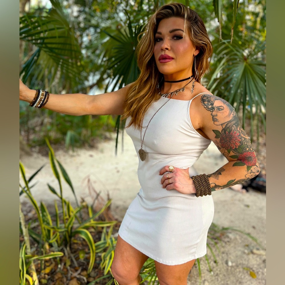 Off white ribbed stretchy strappy summer mini dress